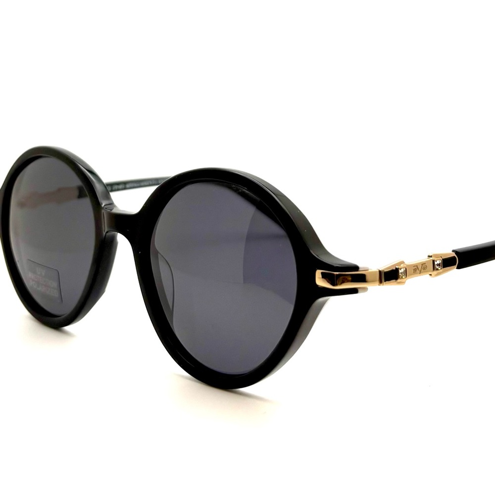 Round Black Acetate Sunglasses Gold Metal Accents, White Interior laminate - Picture 5 of 9